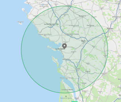 Carte de la zone d’intervention du DJ animateur Alexandre17 autour de La Rochelle, jusqu’à 100 km.