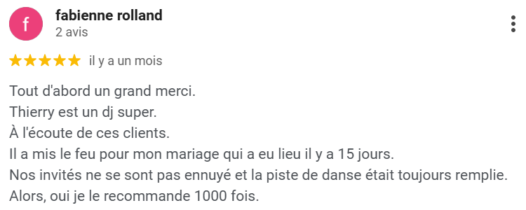 Retour client sur DJ Thierry 95 pour mariage et animation musicale