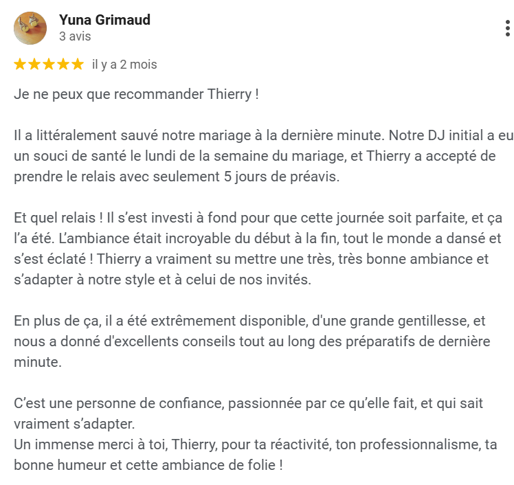 Avis client sur DJ Thierry 95 pour une soirée privée à Bezons