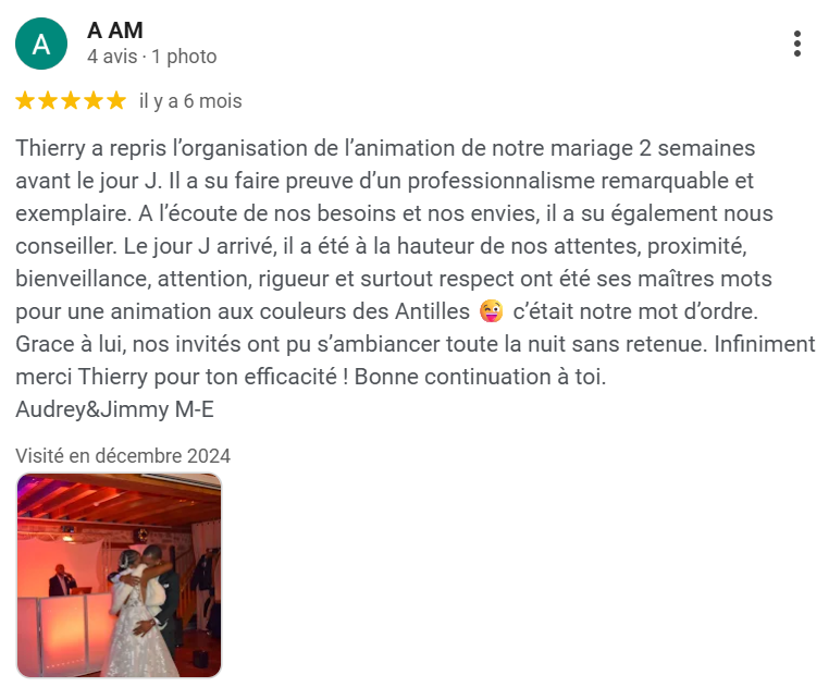 Commentaire client sur DJ Thierry 95 pour un événement professionnel