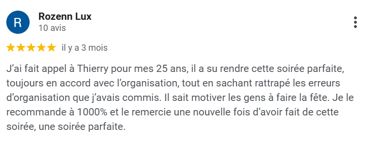 Témoignage client sur DJ Thierry 95 pour une soirée anniversaire