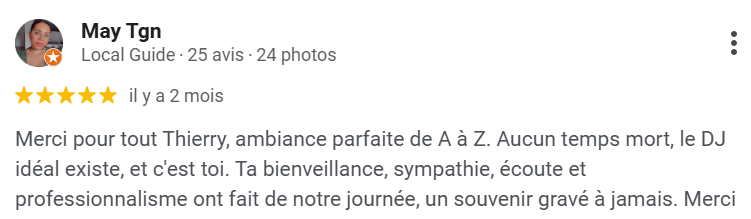Avis client positif sur DJ Thierry 95 pour un mariage en Île-de-France