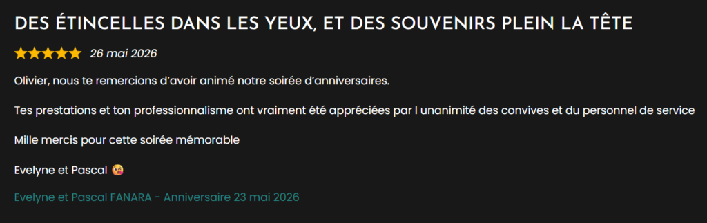 Avis client 5 étoiles remerciant Olivier pour l’animation d’une soirée d’anniversaire – LoL Évènements