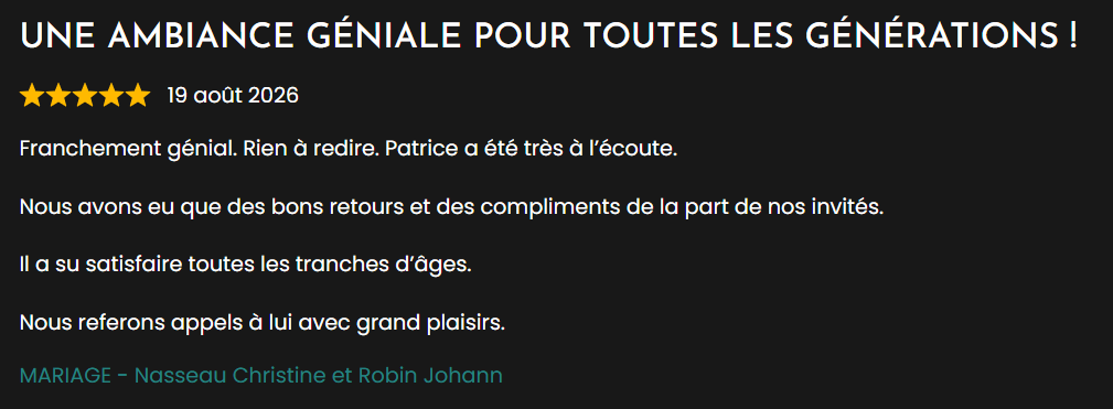 Avis client après une animation de mariage en Vendée 85 avec LoL Événements