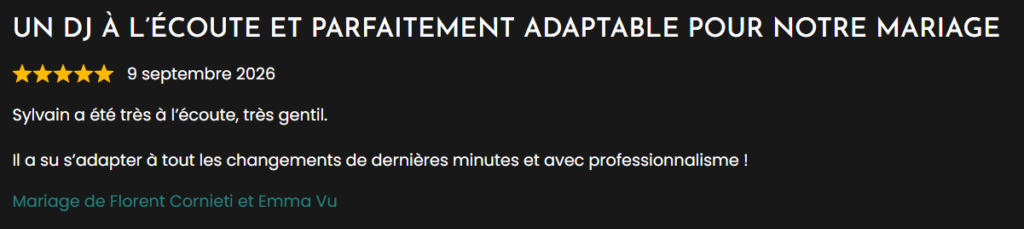 Avis client mariage – DJ à l’écoute, adaptable et professionnel chez LoL Événements