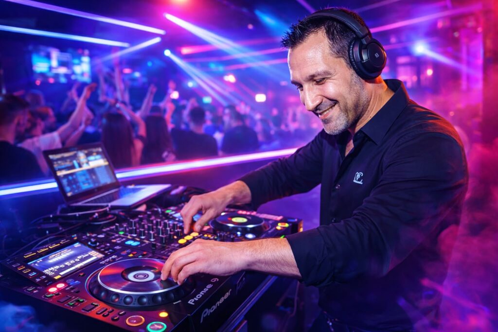 Mickael DJ animateur mariage dans le Loiret derrière sa table de mixage pendant une soirée de mariage