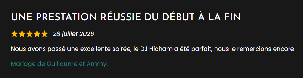 Avis client positif sur DJ Hicham, DJ animateur de mariage à Paris et dans les Hauts-de-Seine pour LoL Événements.