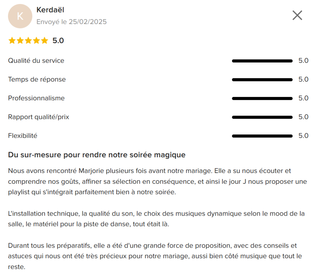 Avis positif sur DJ Marjorie Djette à Lyon après une animation de mariage réussie avec une ambiance musicale sur-mesure