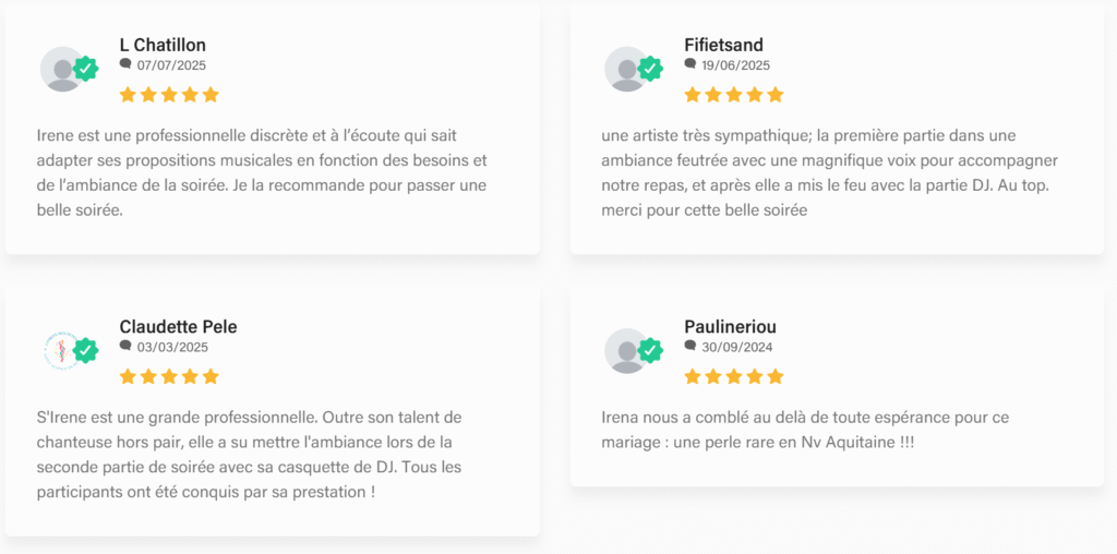 Témoignages de clients satisfaits après une prestation musicale d’Irina, DJ et chanteuse professionnelle.