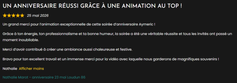 Avis client sur animation anniversaire – ambiance festive et souvenirs inoubliables grâce à LoL Évènements