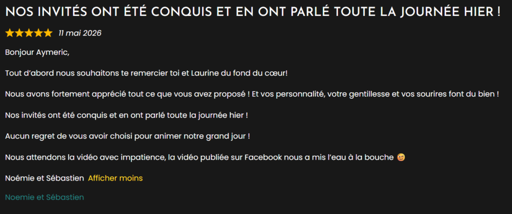 Avis client mariage – invités conquis par l’animation et l’ambiance créée par LoL Évènements