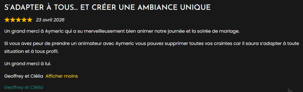 Avis client mariage – animateur capable de s’adapter à tous les invités et de créer une ambiance réussie