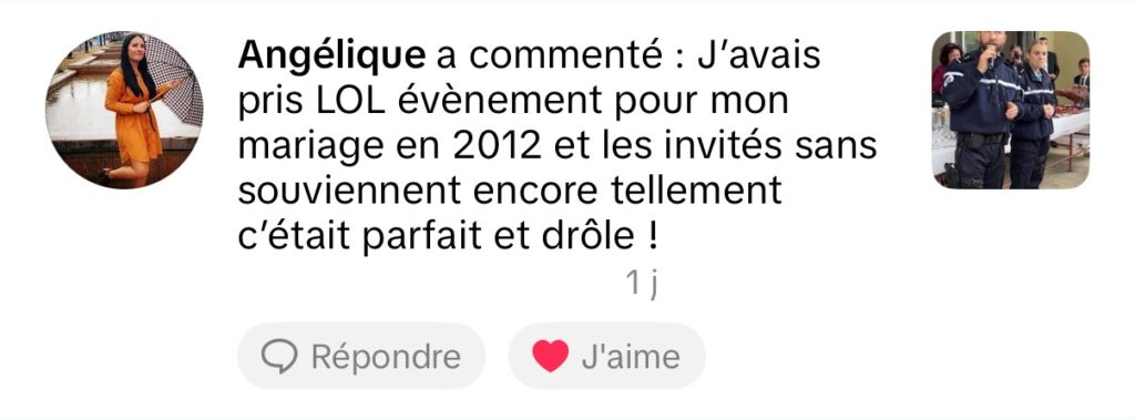 Avis client sur Aymeric Dapsence de LoL Événements pour une animation de mariage réussie avec caméra cachée, cocktail et ambiance mémorable.