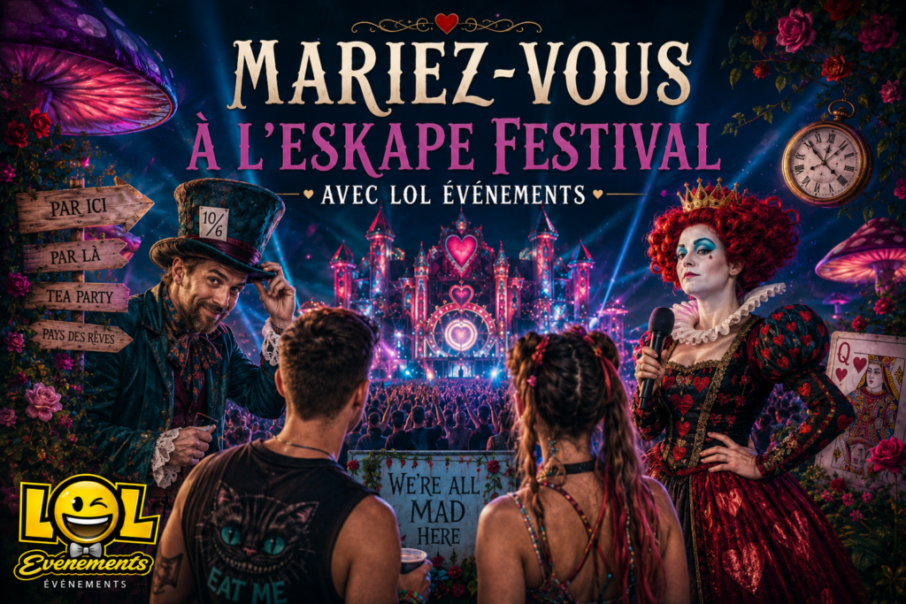 LoL Événements anime l'Eskape Festival 2026 avec des mariages décalés sur le thème d'Alice au Pays des Merveilles.